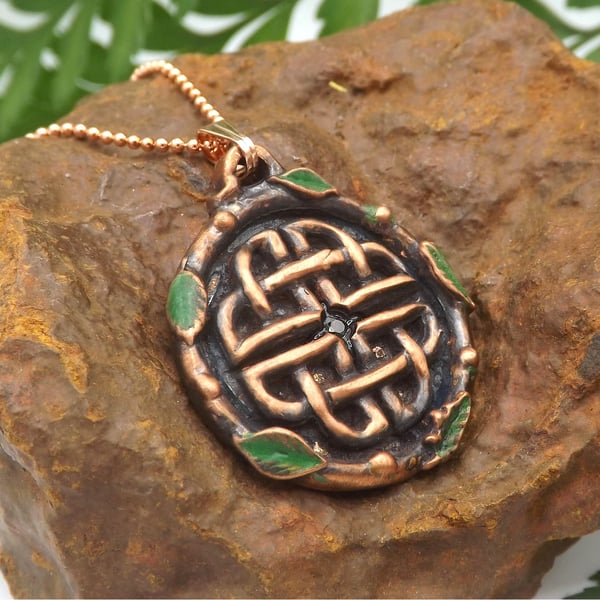 Copper Celtic Shield Knot Pendant Necklace with Tsavorite Garnet Gemstone.