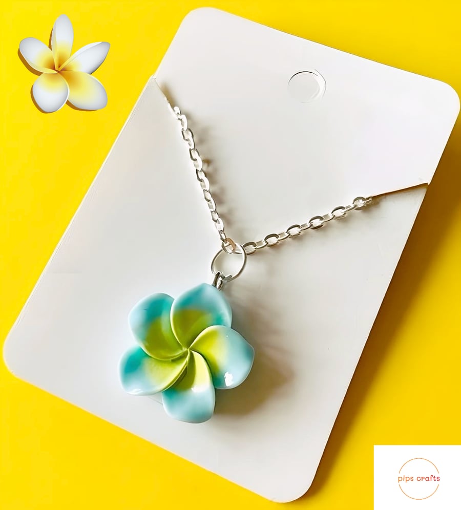 Blue Frangipani Flower Pendant Necklace 18 Inch Chain - Flower Jewellery