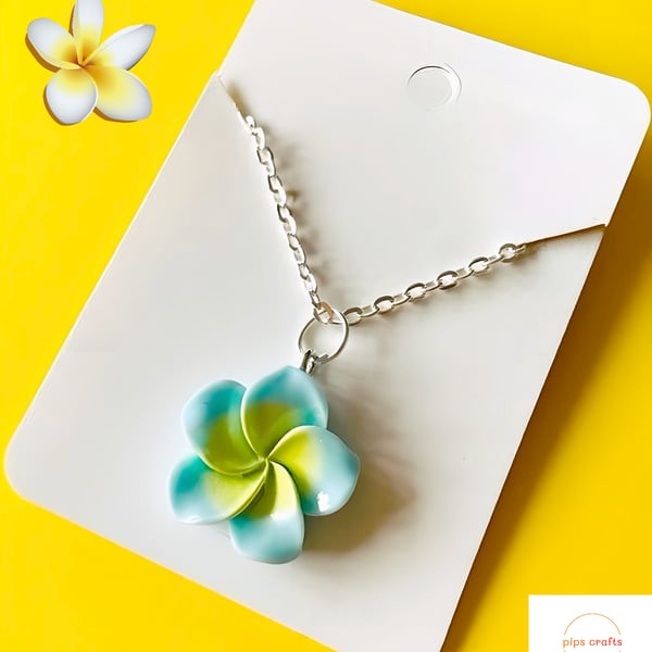Blue Frangipani Flower Pendant Necklace 18 Inch Chain - Flower Jewellery