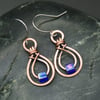 Hammered Copper Double Teardrop Earrings with Cobalt AB Glass Cube Beads