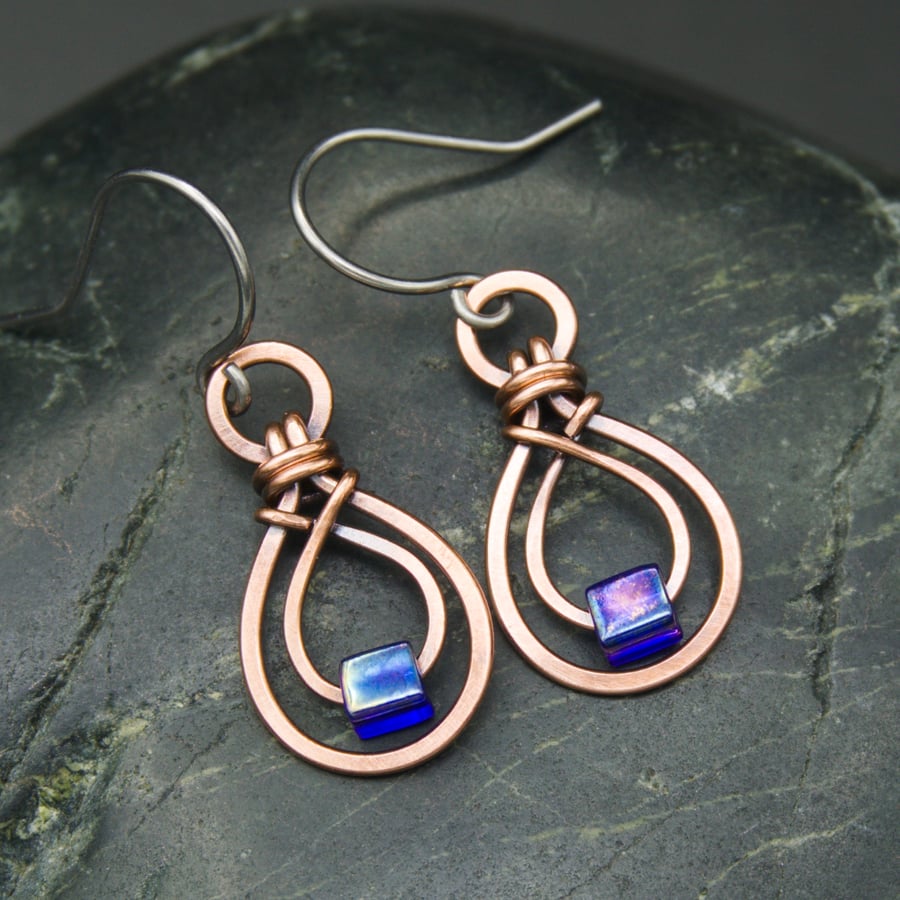 Hammered Copper Double Teardrop Earrings with Cobalt AB Glass Cube Beads