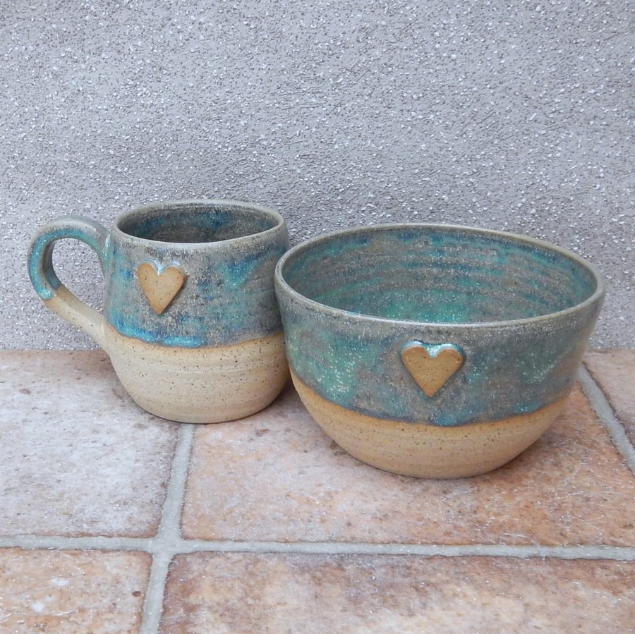 Mug and cereal bowl handthrown in stoneware pottery handmade ceramic wheel     