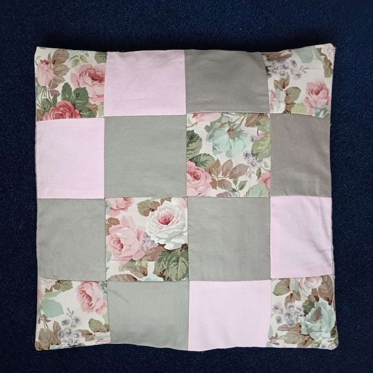 Pink and grey patchwork cushion cover. Sanderson print cushion