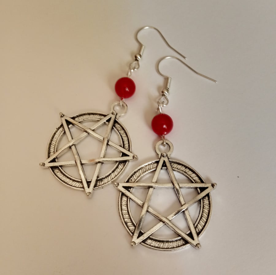 Red Gemstone Pentagram Pentacle Earrings Wicca Pagan