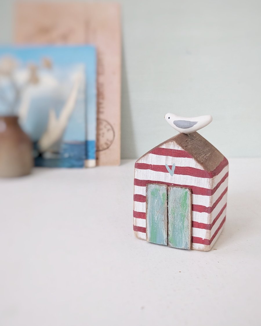 Hand Painted Wooden Beach Hut with Seagull 