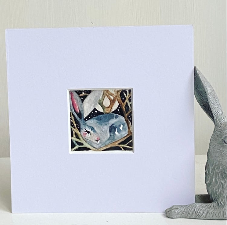 Mounted Original Resting Hare Rabbit in Moonlight  Watercolour 