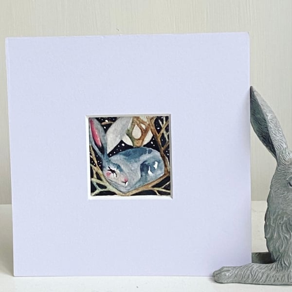 Mounted Original Resting Hare Rabbit in Moonlight  Watercolour 