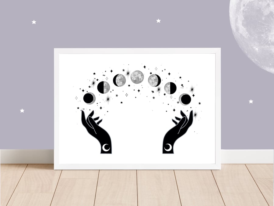 Boho Moon Hand Phases Print, Lunar Cycle Art Print.