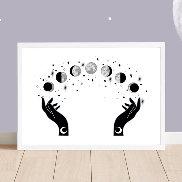 Boho Moon Hand Phases Print, Lunar Cycle Art Print.