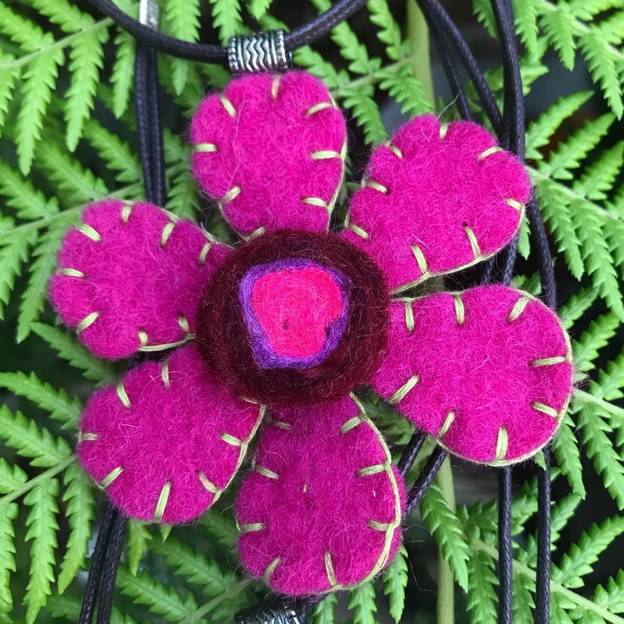 Fuchsia felt flower pendant necklace