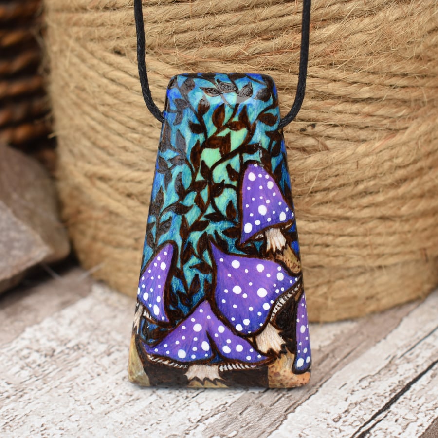 Purple toadstool pyrography pendant. Shroom necklace, nature lover gift.