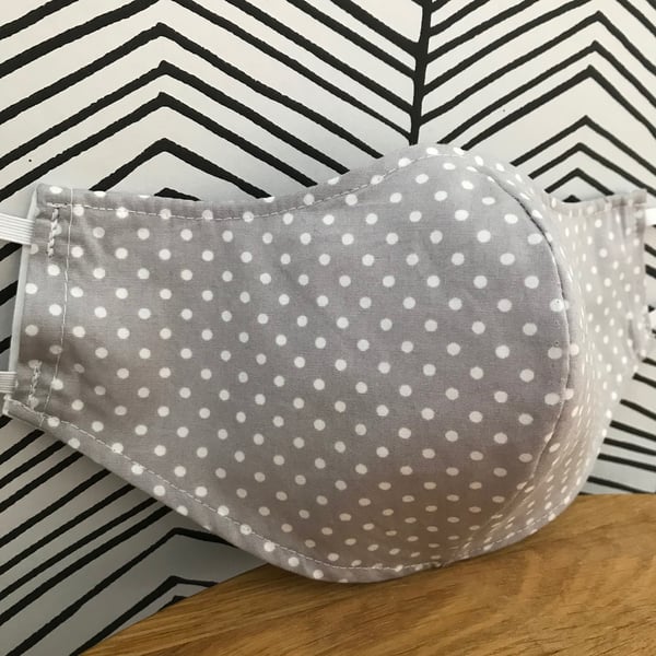 Grey Dots Face Mask 100% Cotton Fabric Washable & Re-usable Child Adult Sizes