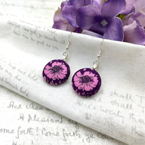 Magenta pink daisy floral fabric button dangle earrings 
