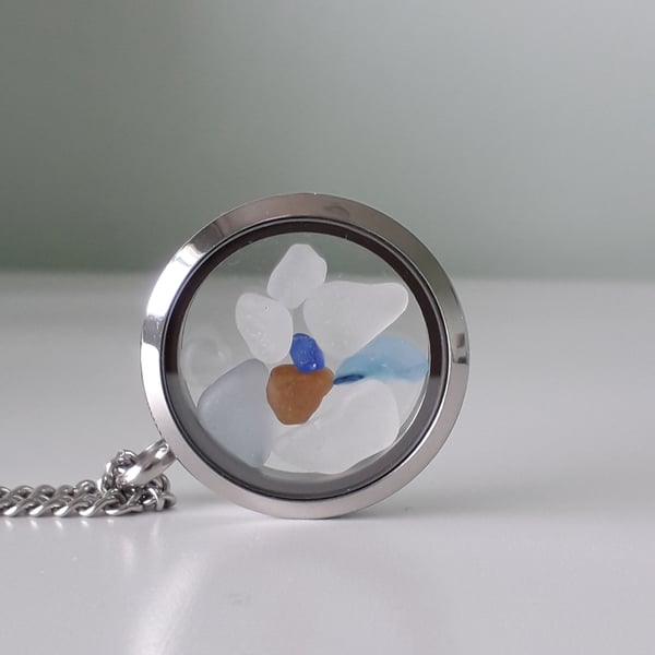 Seaham Sea Glass Locket, Coloured pieces of glass in a Stainless Steel Pendant 