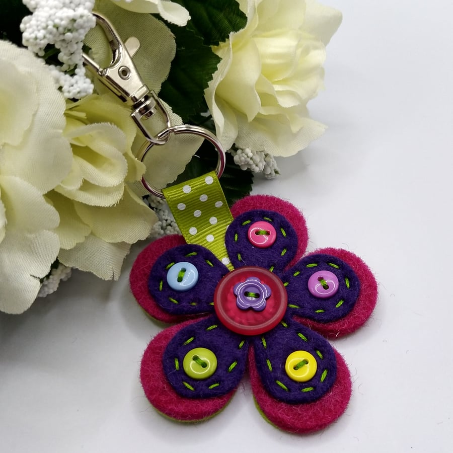 Felt Flower Keyring - Deep Pink, Purple & Green Keyring embellished with Buttons
