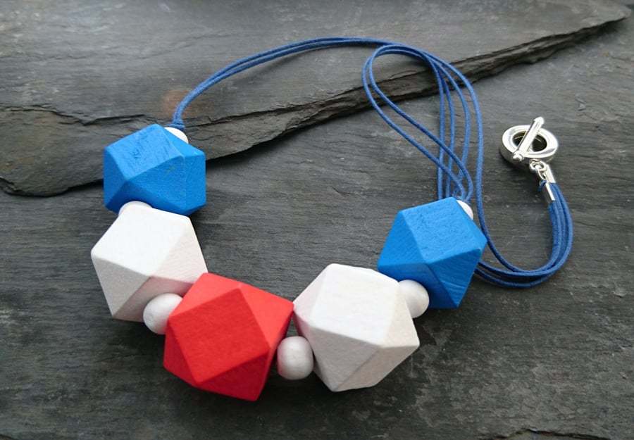 Red, white and blue chunky wooden geometric necklace