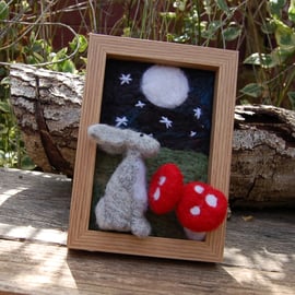  Moon gazing hare - nursery picture - needle felt, wool decoration - 