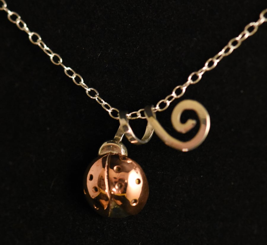 3D ladybird and swirl pendant in sterling silver and copper.