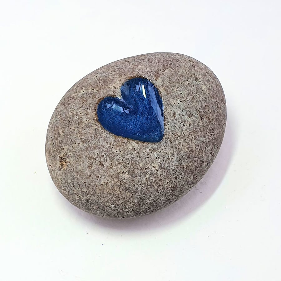 Hand Carved Love Pebble, Deep Blue Heart Paperweight Gift, Thoughtful Gift
