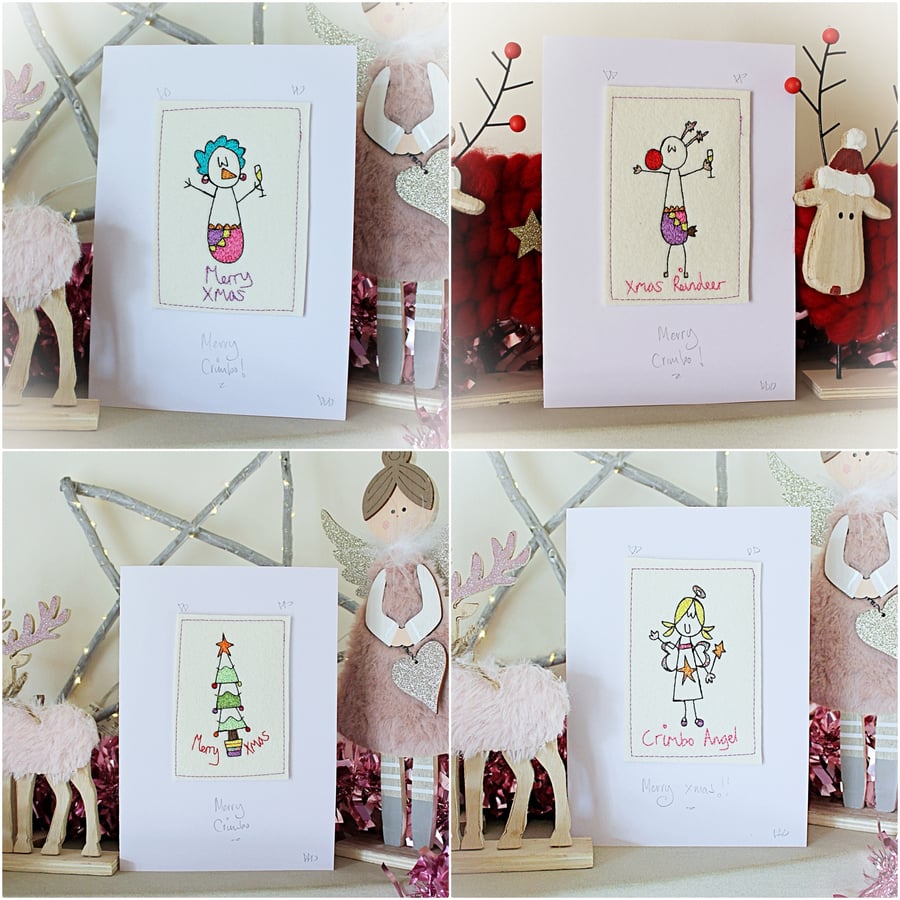 4 Embroidered Christmas Cards -Angel ,Reindeer, Christmas Tree and Snowlady