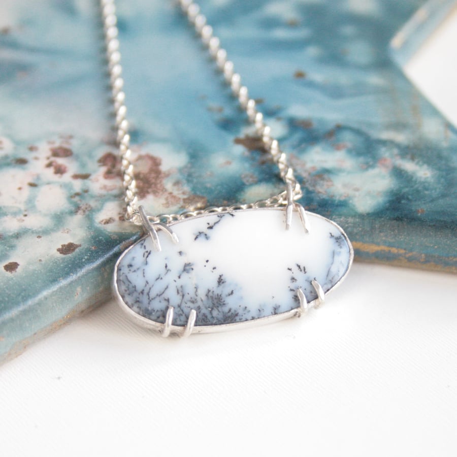 Handmade dendritic opal gemstone necklace, winter jewellery, Christmas gift idea