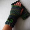 acrylic girls fingerless mittens, green crocheted fingerless gloves, small