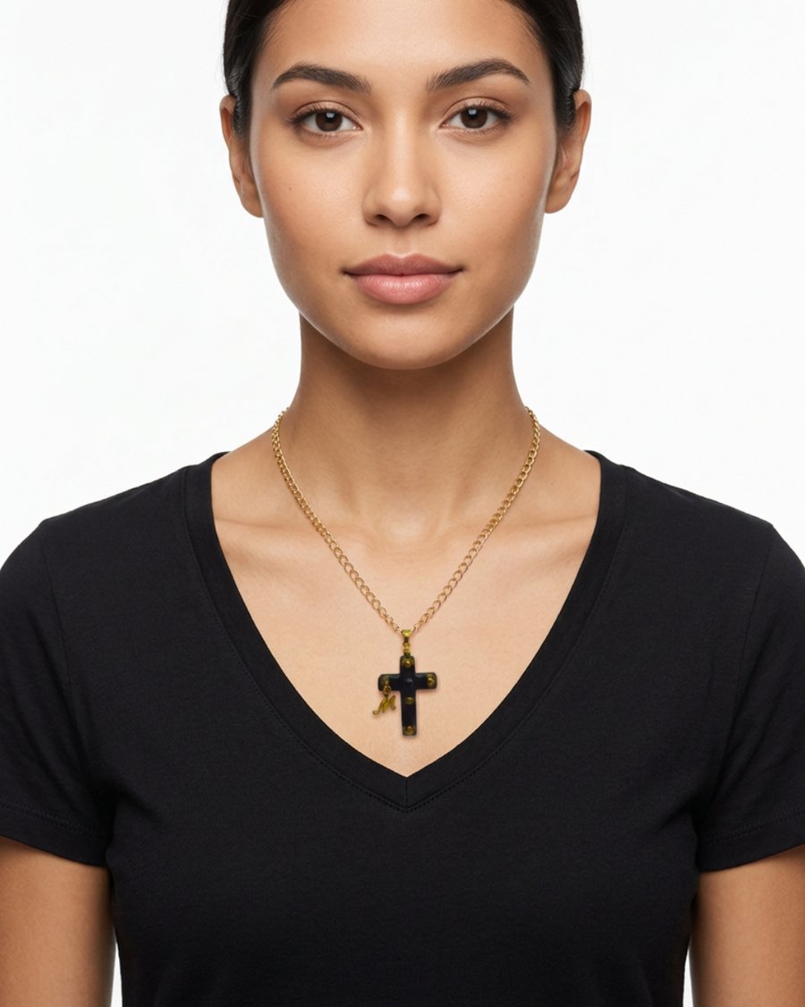 Black and gold resin Cross pendant necklace personalised 