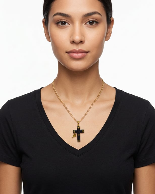 Black and gold resin Cross pendant necklace personalised 