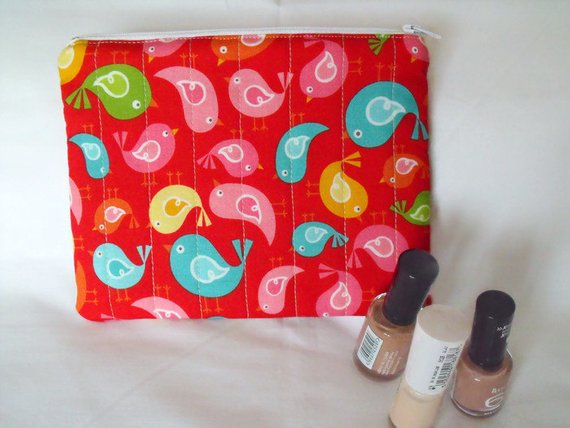 red bird print zipped make up pouch, pencil case or crochet hook case