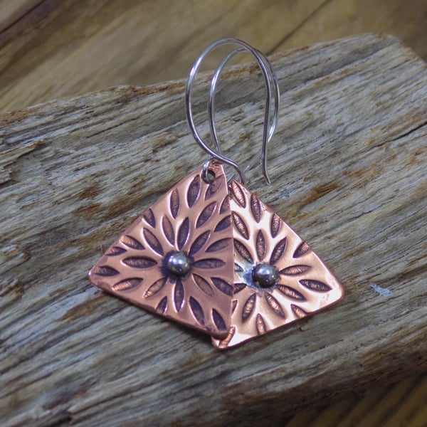 Copper and silver leaf pattern earrings ,drop earrings 