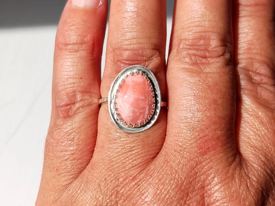 Pink Opal Ring Adjustable Sterling Silver .925 Handmade Jewellery Gift Rose Cut