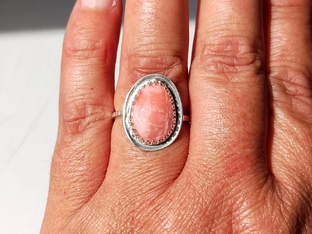 Pink Opal Ring Adjustable Sterling Silver .925 Handmade Jewellery Gift Rose Cut