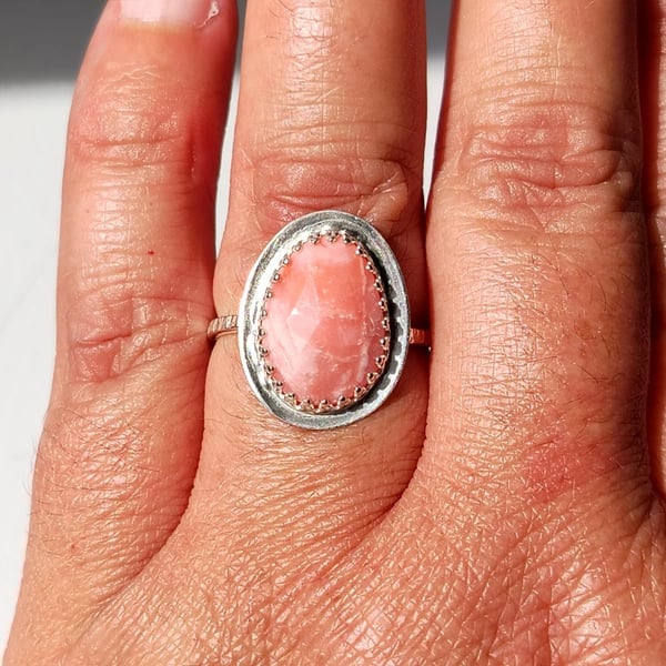 Pink Opal Ring Adjustable Sterling Silver .925 Handmade Jewellery Gift Rose Cut