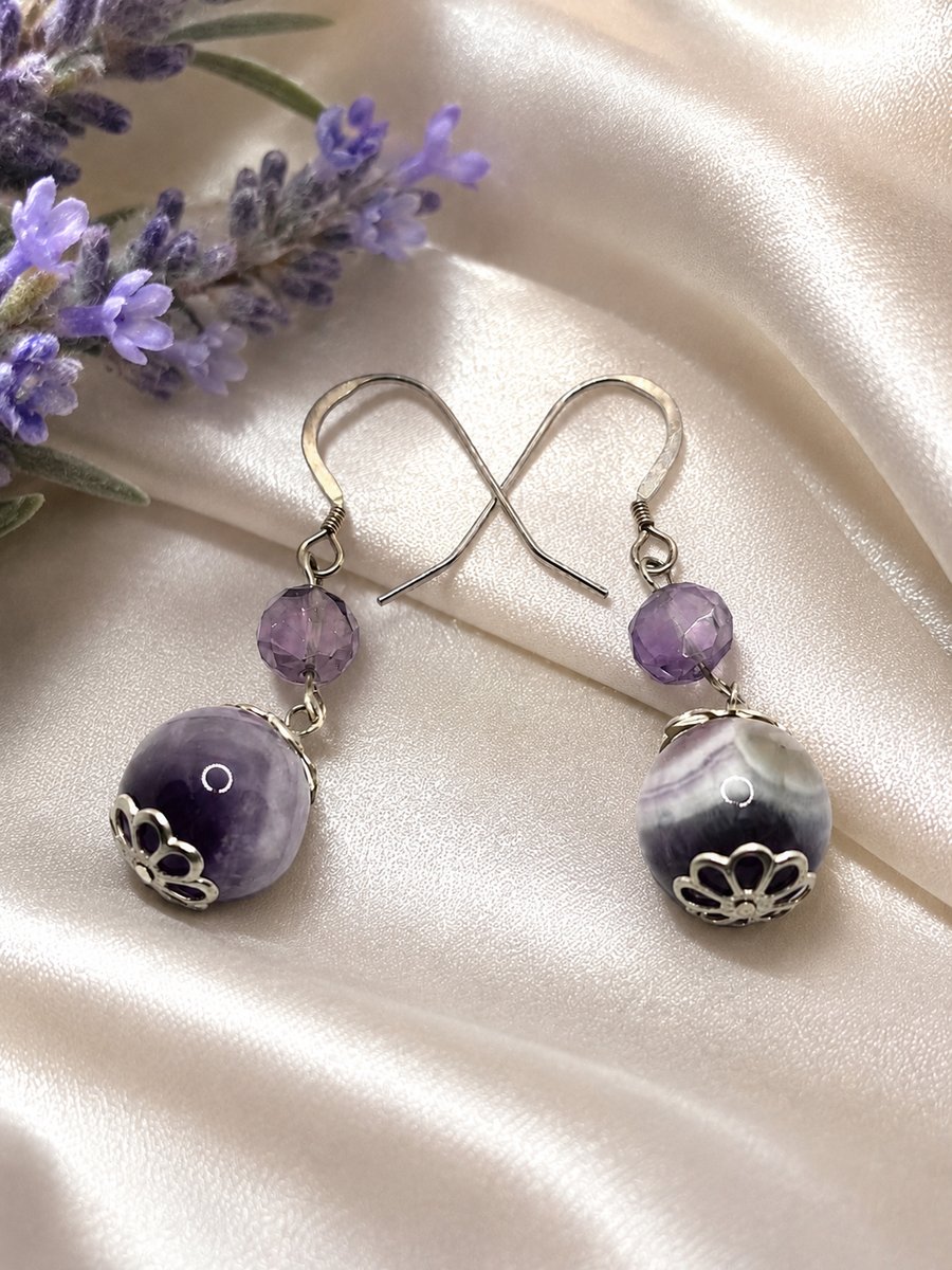 Amethyst gemstone earrings with 2 types of beads