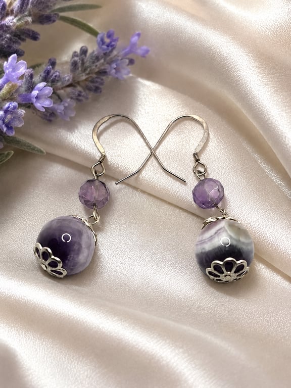 Amethyst gemstone earrings with 2 types of beads