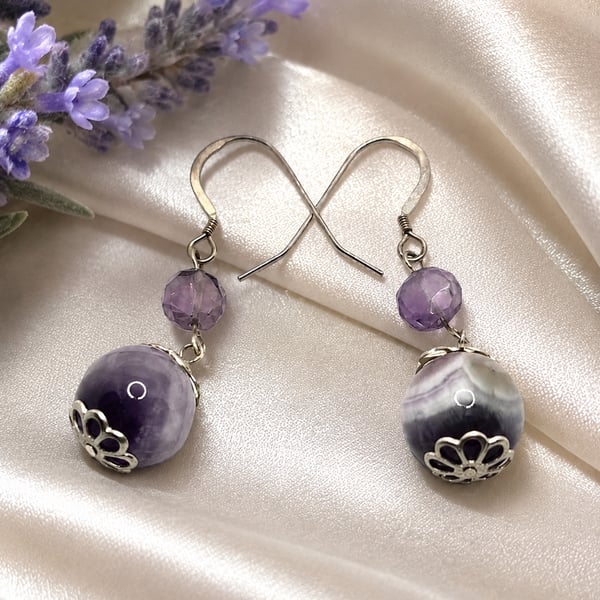 Amethyst gemstone earrings with 2 types of beads