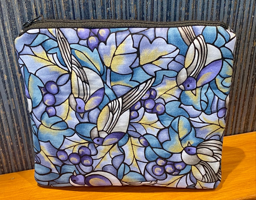 Handmade Ladies Toiletry Bag With Blue Birds And Berries On Gold-Blue Background