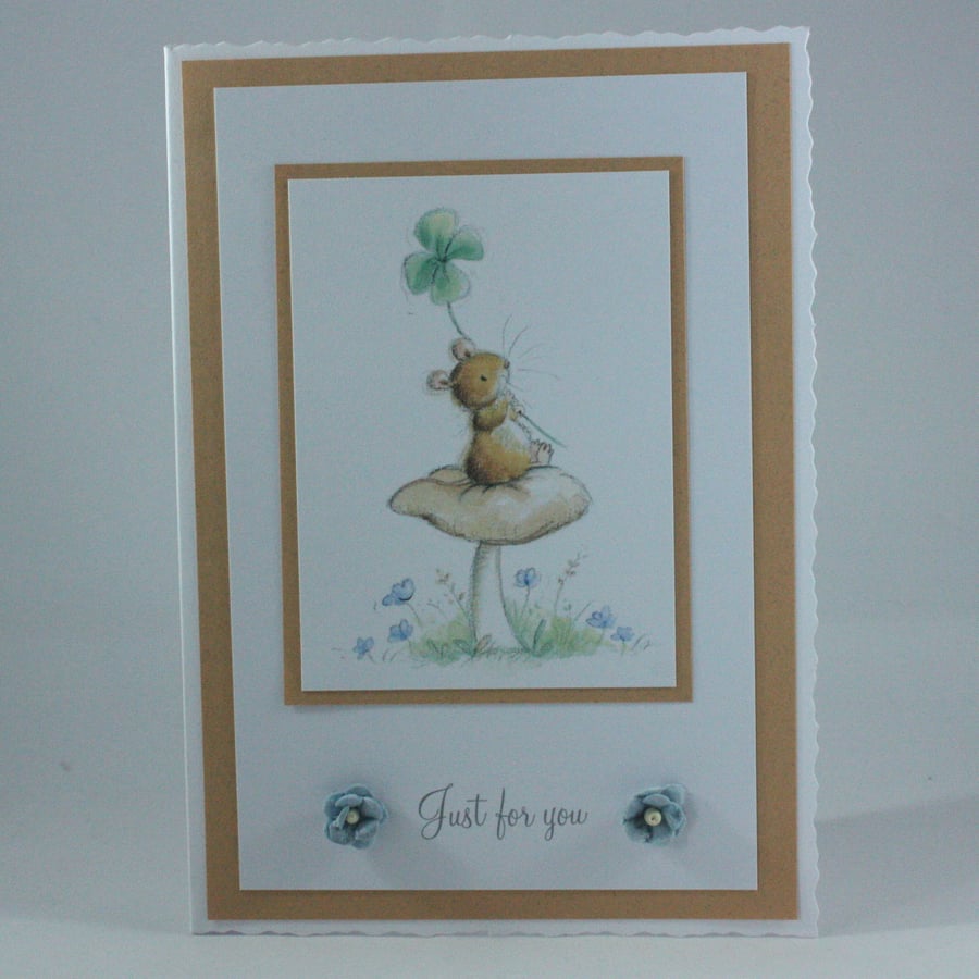 Any occasion greetings card - mouse with clover 