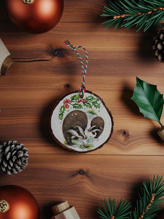 Rustic Badgers Round Wooden Christmas Decoration Tree Ornament