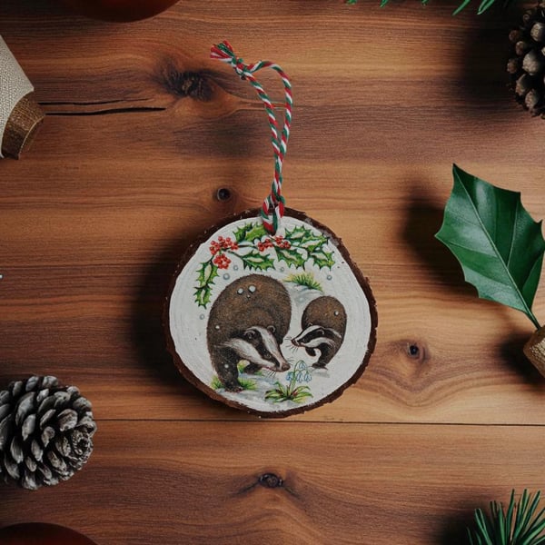Rustic Badgers Round Wooden Christmas Decoration Tree Ornament