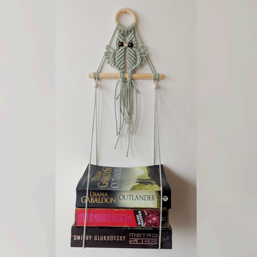 Macrame books or shelf holder, hanging bookshelf, owl design, colours available
