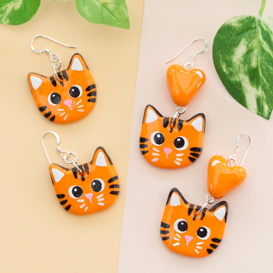 Adorable Orange Tiger and Heart Polymer Clay Dangly Earrings