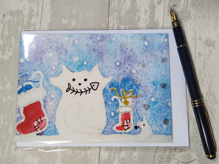 Christmas card (printed) Snow cat and mouse fill their stockings