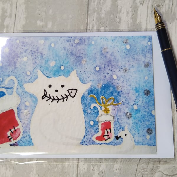 Christmas card (printed) Snow cat and mouse fill their stockings