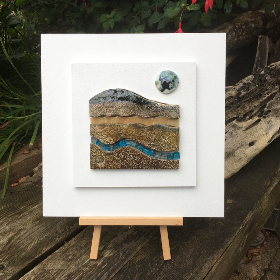 Full Blue moon landscape ceramic and glass wall art 