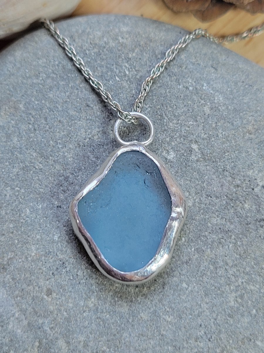 Cornflower Blue Seaglass & Sterling Silver Pendant 