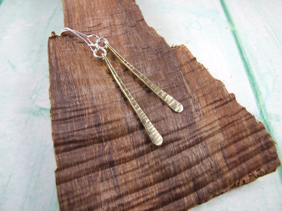 Earrings, Hammered Line Texture Brass Dropper with Sterling Silver