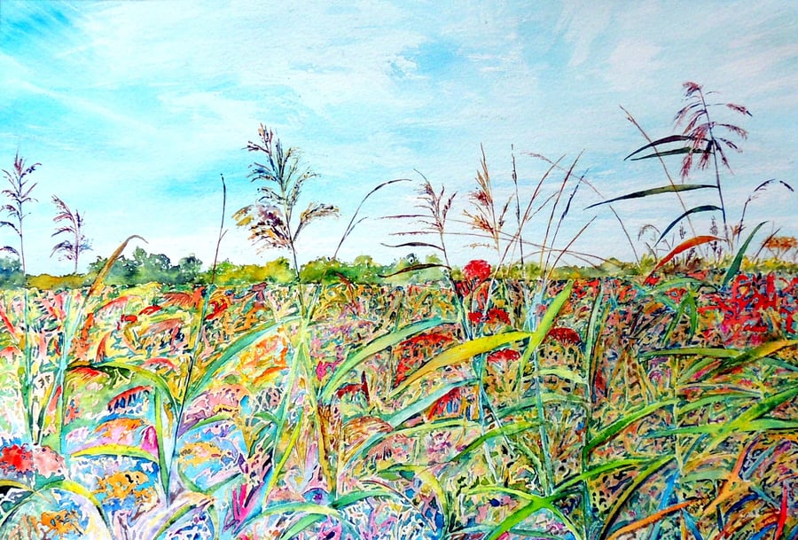 Fen Landscape Watercolour Original Painting of Summer Fields with Wild Flowers 