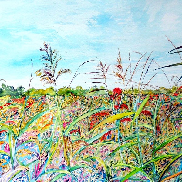 Fen Landscape Watercolour Original Painting of Summer Fields with Wild Flowers 