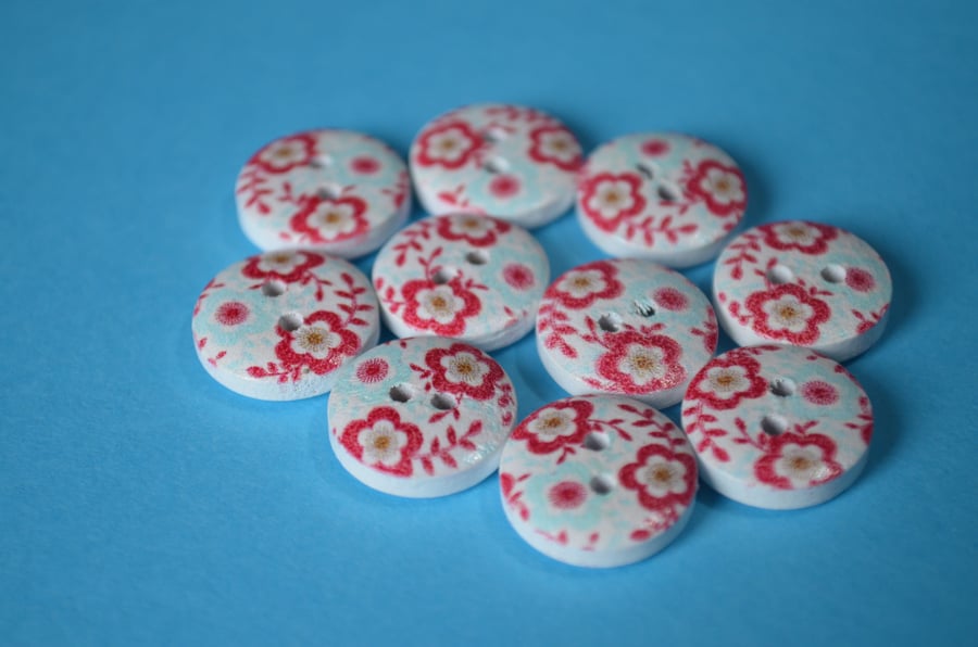 15mm Wooden Floral Buttons Red & Aqua 10pk Flowers (SF28)